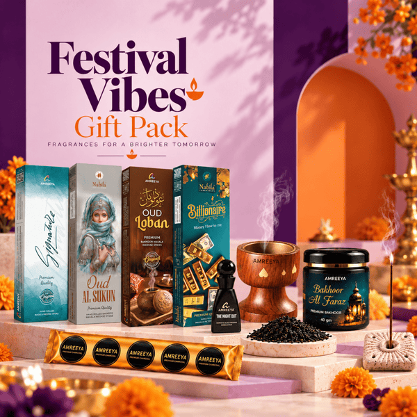 Amreeya Festive Vibes Gift Pack Premium Incense Sticks | Bakhoor | Attar Roll-On & Fragrance Gift Set