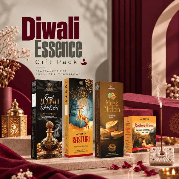 Amreeya Diwali Essence Gift Pack Premium Incense Sticks | Kasturi Heena Attar Roll-On & Free Wooden Incense Holder