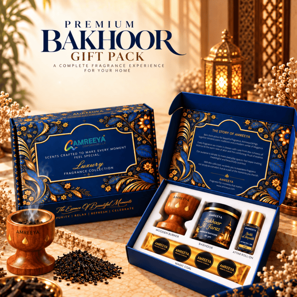 Amreeya Premium Bakhoor Chips Combo Kit Choose Your Favourite Bakhoor | Wooden Burner, Attar Roll-On & Charcoal