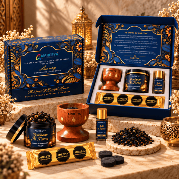 Amreeya Premium Bakhoor Chips Combo Kit Choose Your Favourite Bakhoor | Wooden Burner, Attar Roll-On & Charcoal