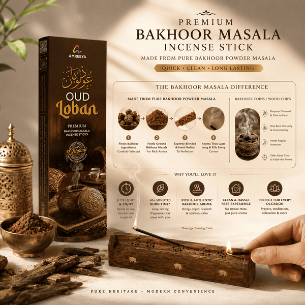 Premium Bakhoor Masala Incense Stick Combo Pack of 4 with Free Wooden Incense Holder - 50 Grm / Each (45+ Min Burning Time / Stick)