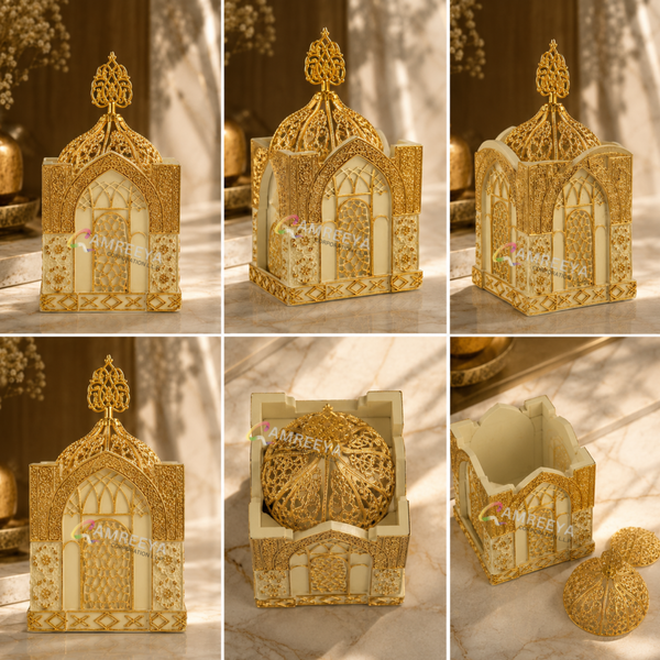 Imported Premium Ceramic Holy Kaaba Ivory Bakhoor Burner – Premium White & Gold Arabic Incense Burner | Luxury Oud Burner for Home Décor & Gifting
