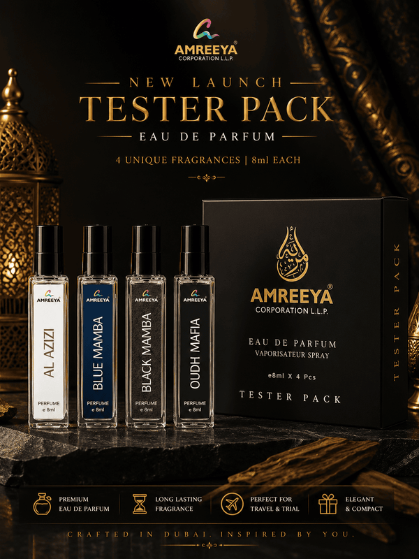 AMREEYA Dubai Made Eau De Parfum Tester Pack – 4 Premium Fragrances | 8ml Each Luxury Perfume Set