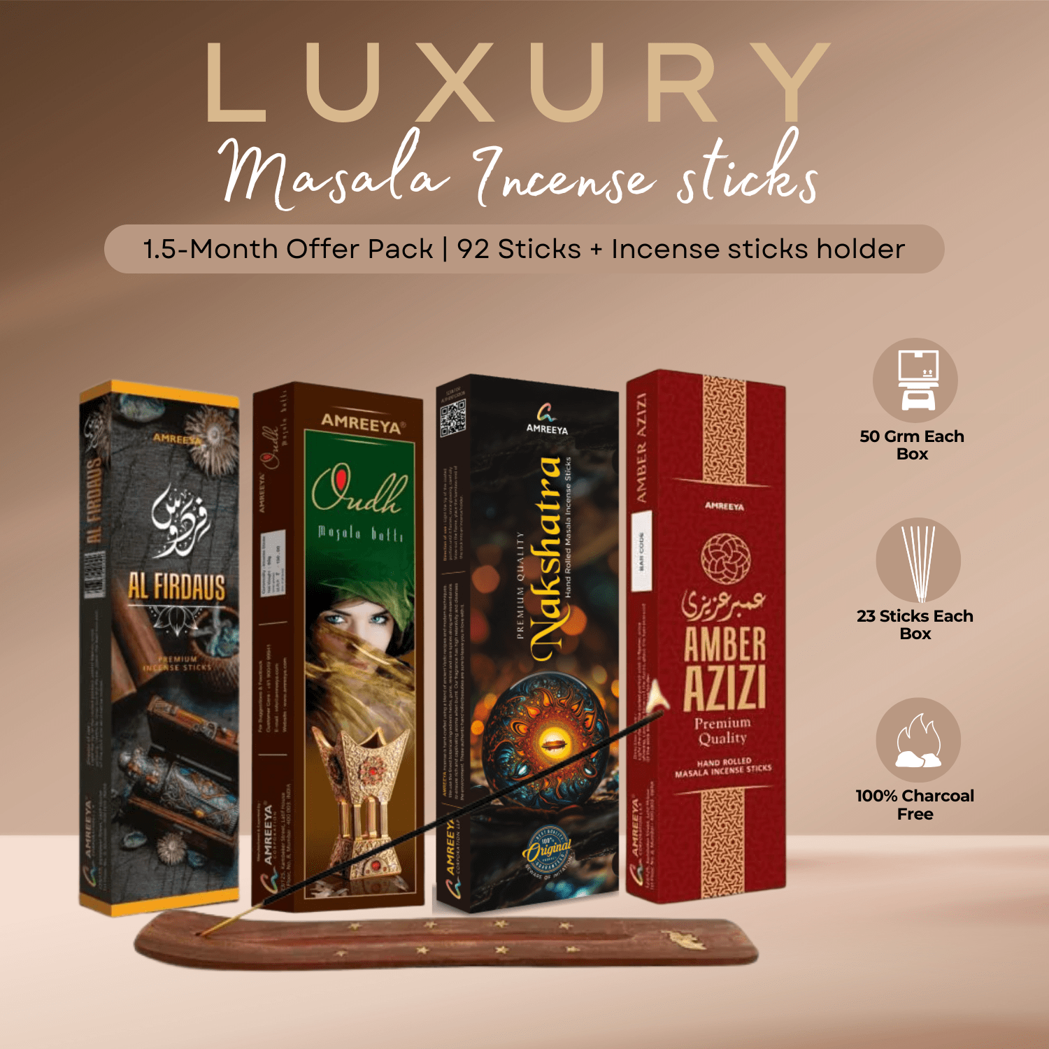 Amreeya Luxury Masala Incense Sticks - 1.5-Month Offer Pack | 92 Sticks + Free Incense Holder