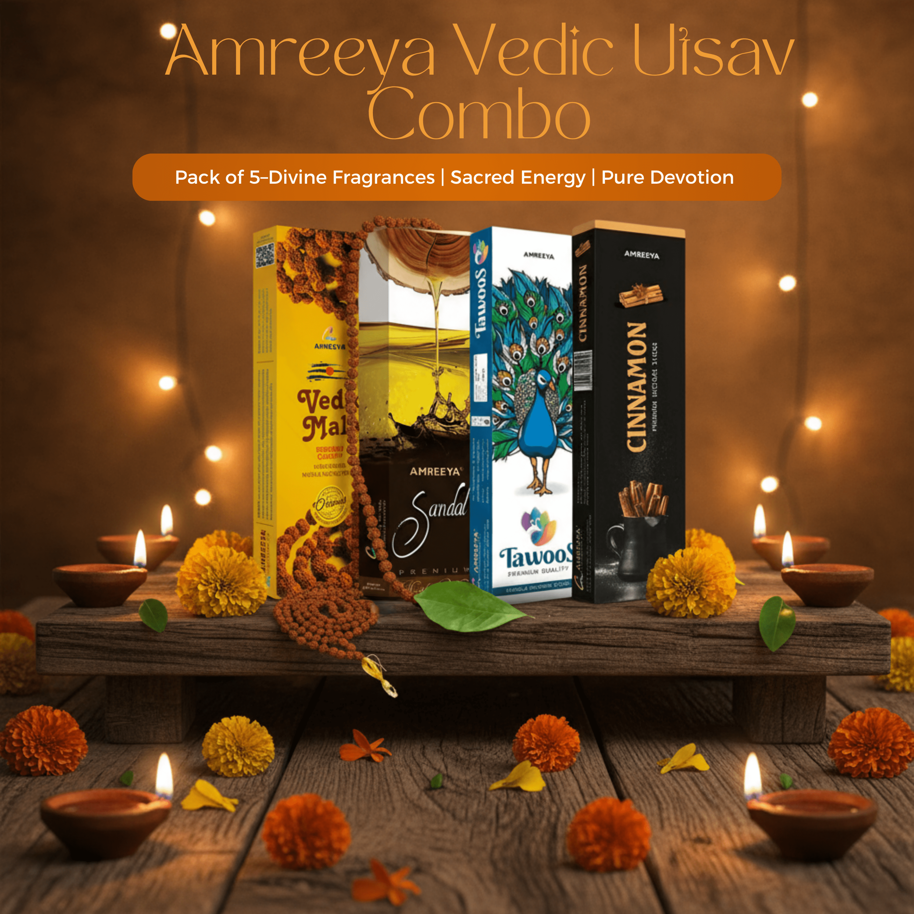 Amreeya Vedic Utsav Combo Pack of 5 | Premium Masala Incense Sticks and Rudraksha Mala for Puja and Meditation