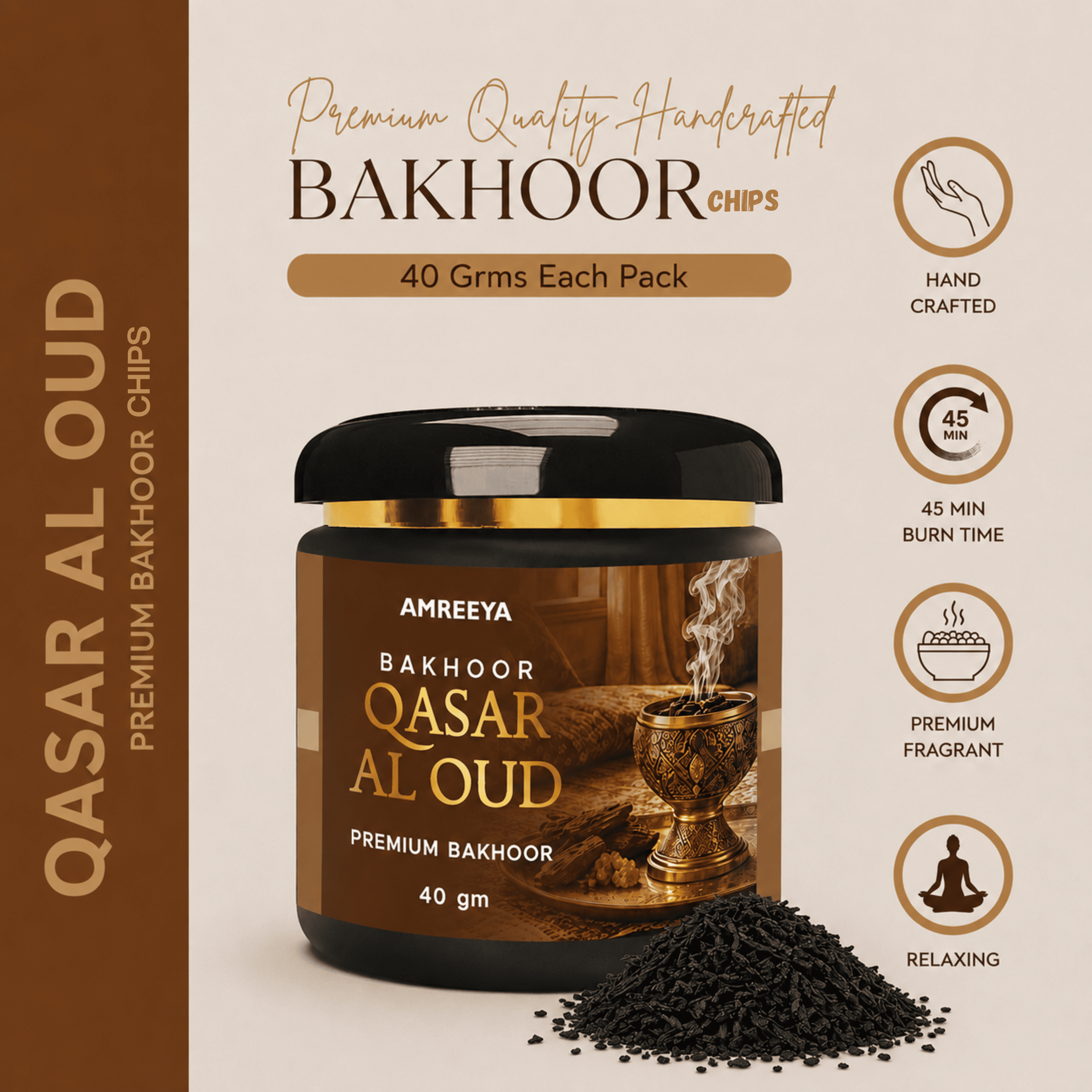 Amreeya Qasr Al Oud Premium Bakhoor Chips Luxury Oud Fragrance, Handcrafted Aromatic Bakhoor, 40g Pack
