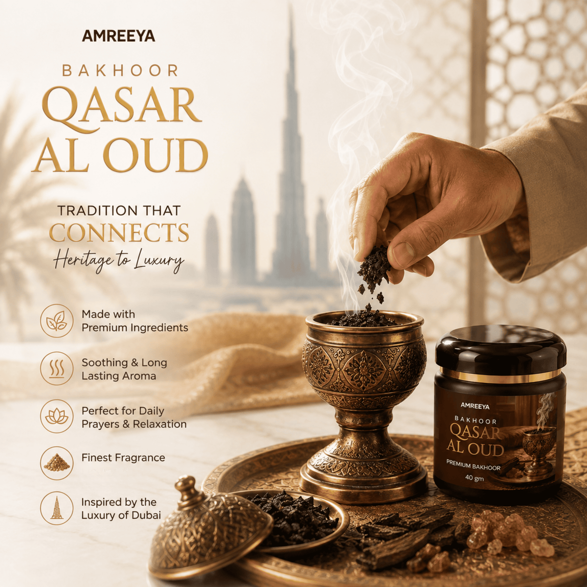 Amreeya Qasr Al Oud Premium Bakhoor Chips Luxury Oud Fragrance, Handcrafted Aromatic Bakhoor, 40g Pack