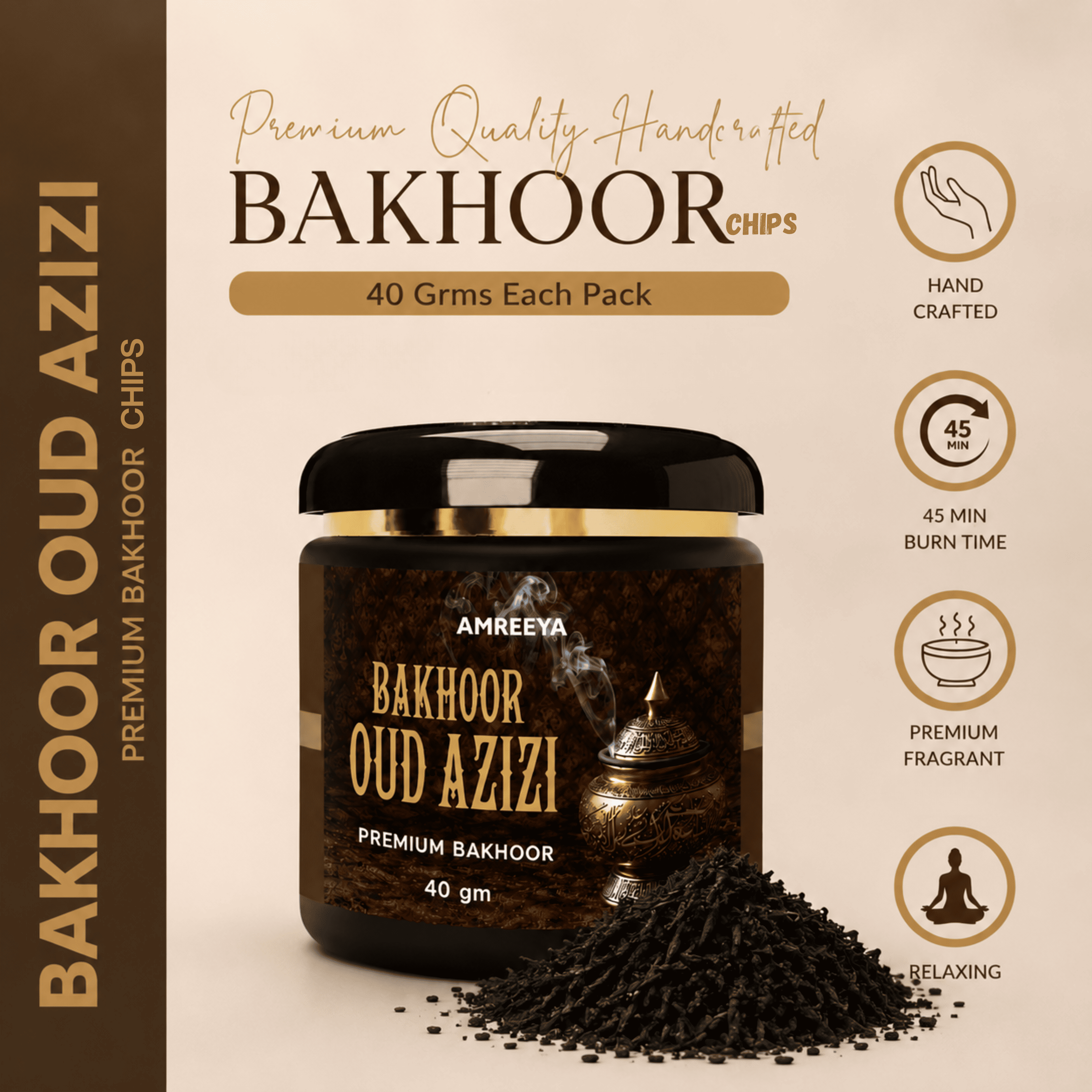 Amreeya Bakhoor Oud Azizi Premium Bakhoor Chips  Luxury Arabian Oud Fragrance, Handcrafted Aromatic Bakhoor, 40g Pack