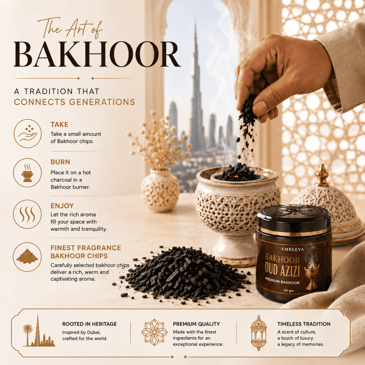 Amreeya Bakhoor Oud Azizi Premium Bakhoor Chips  Luxury Arabian Oud Fragrance, Handcrafted Aromatic Bakhoor, 40g Pack