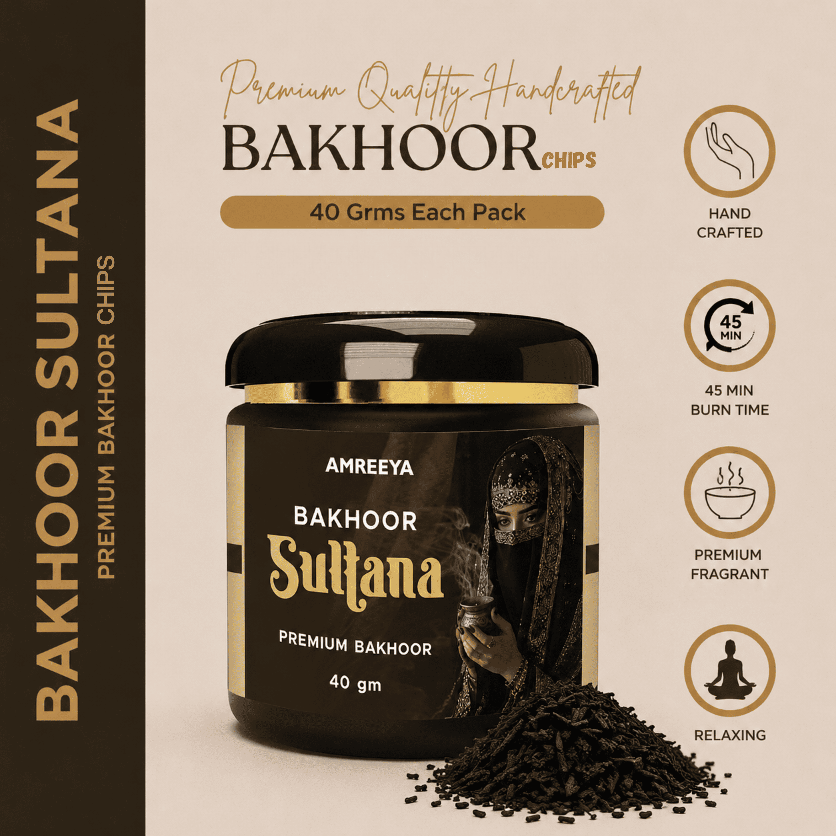 Amreeya Bakhoor Sultana Premium Bakhoor Chips Luxury Arabian Fragrance, Handcrafted Oriental Bakhoor, Premium Aromatic Chips, 40g Pack