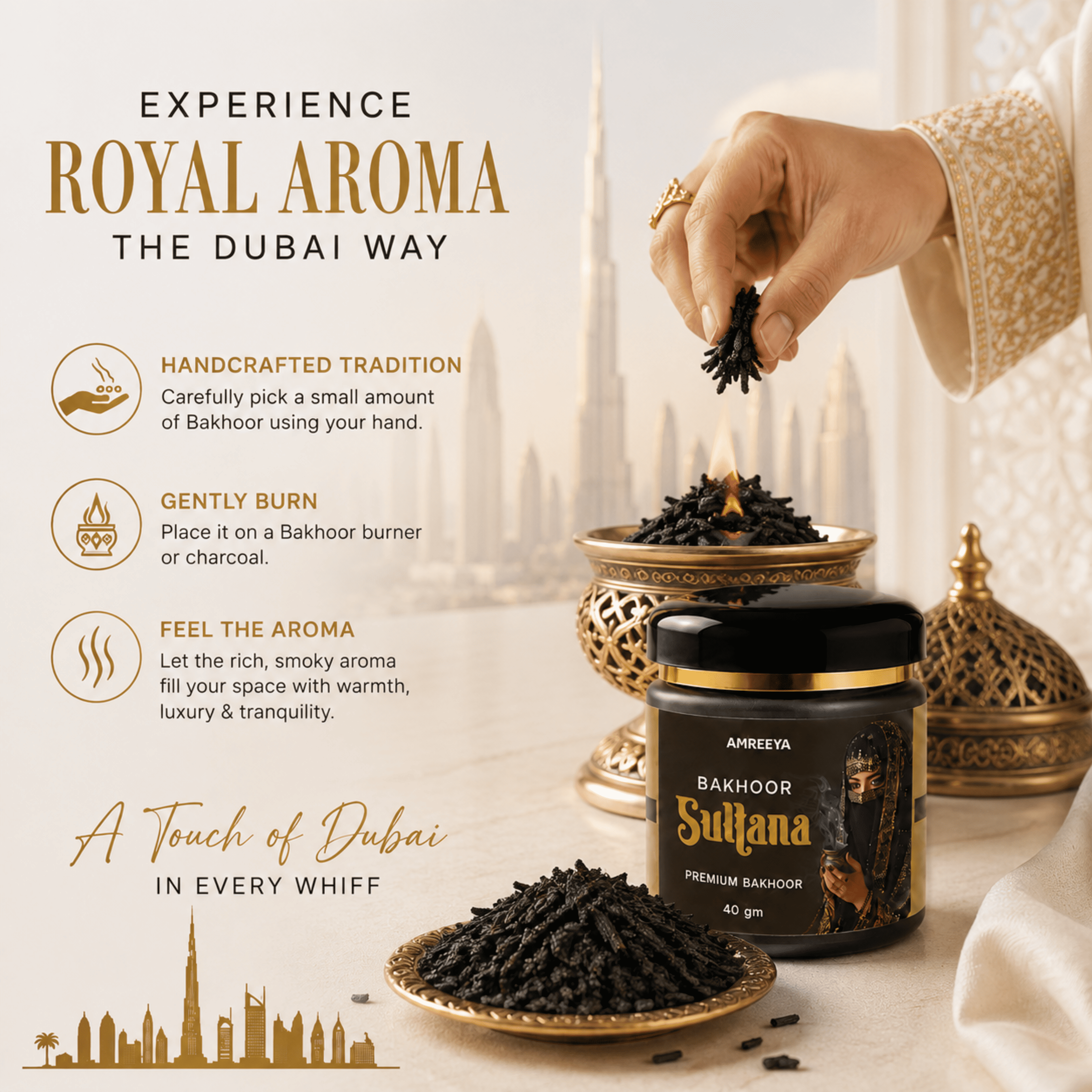 Amreeya Bakhoor Sultana Premium Bakhoor Chips Luxury Arabian Fragrance, Handcrafted Oriental Bakhoor, Premium Aromatic Chips, 40g Pack