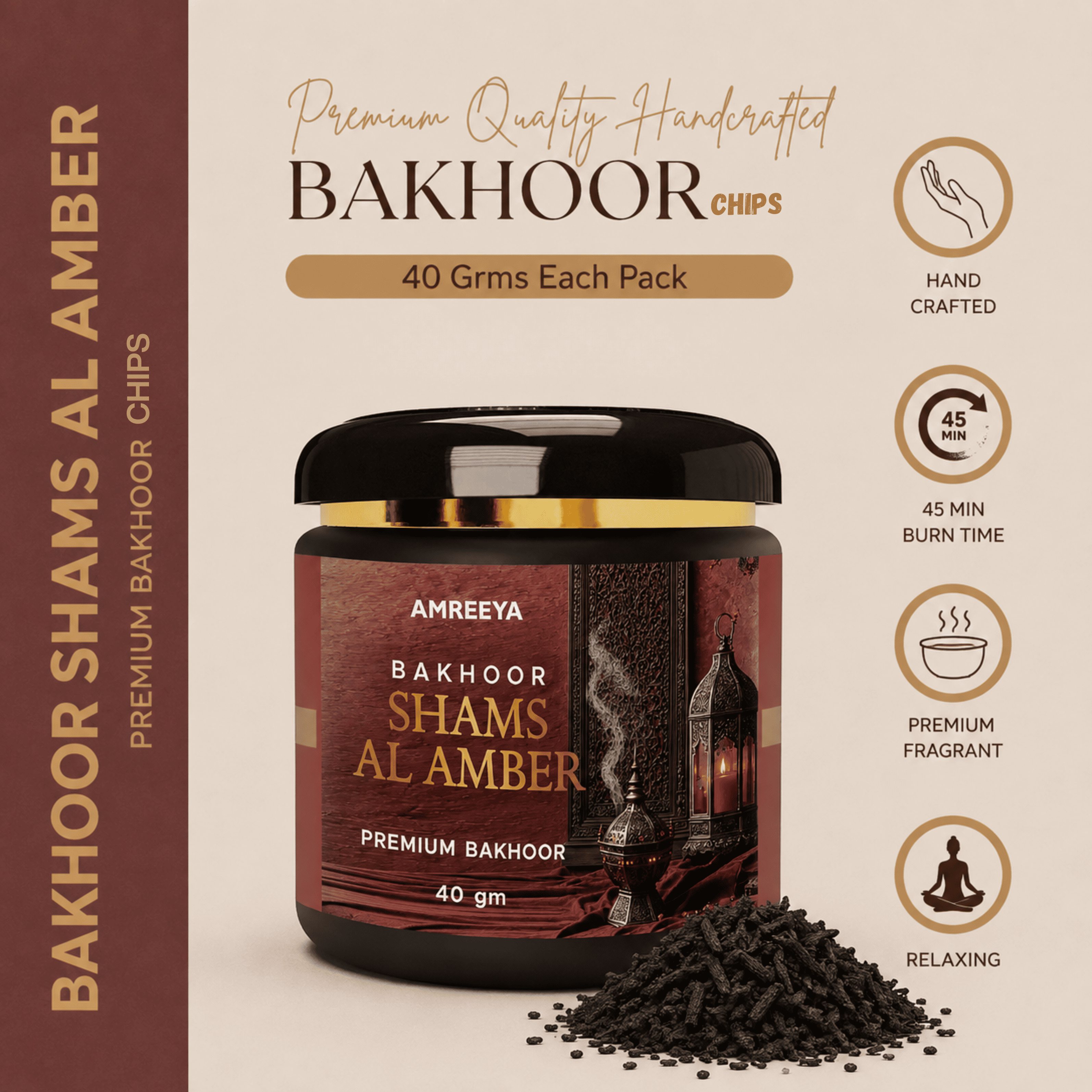 Amreeya Bakhoor Shams Al Amber Premium Bakhoor Chips  Luxury Arabian Amber Fragrance, Handcrafted Oriental Bakhoor, 40g Pack