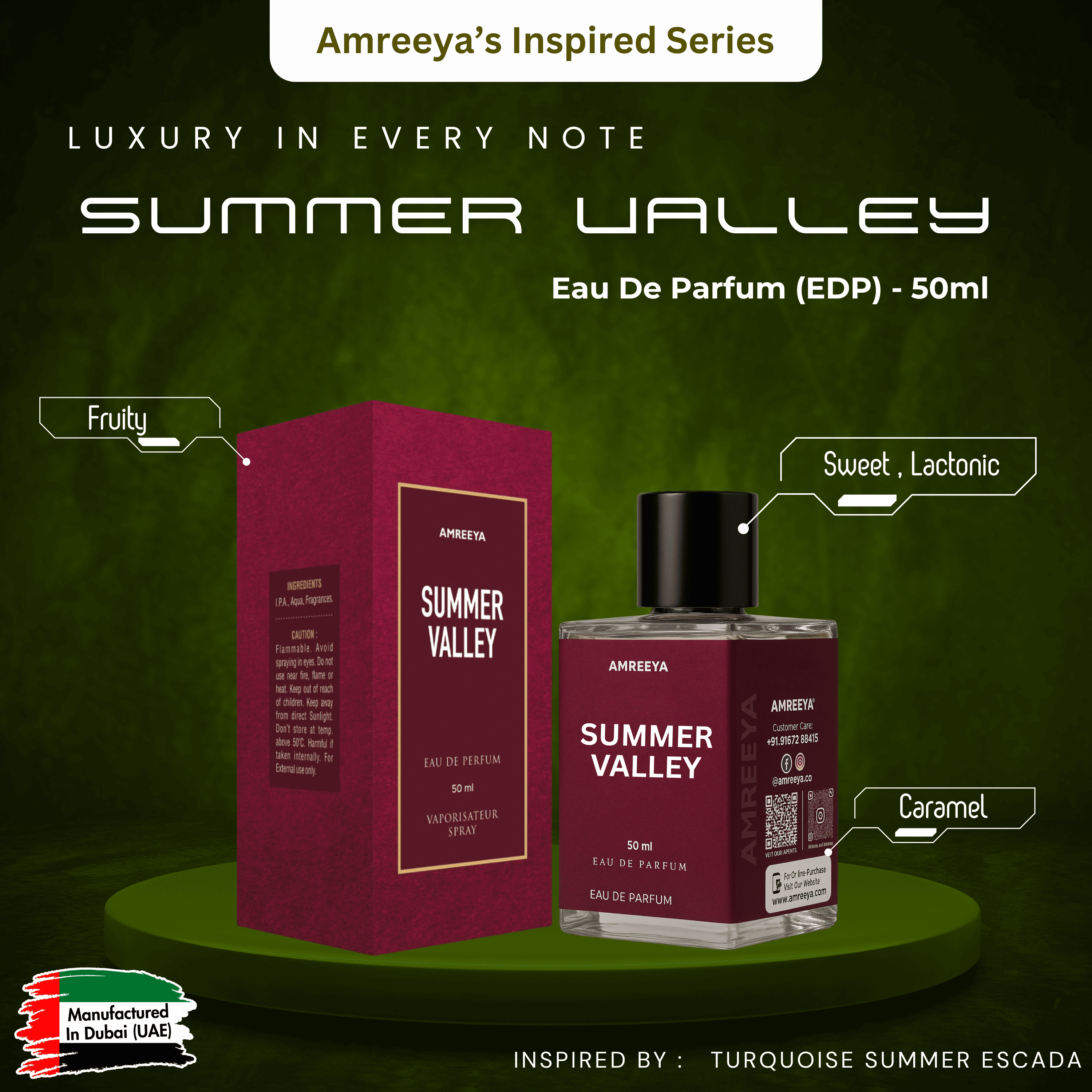 Amreeya Summer Valley – Fruity Sweet Luxury Perfume | Inspired by Escada Turquoise Summer | Long-Lasting Unisex Fragrance - 50ml
