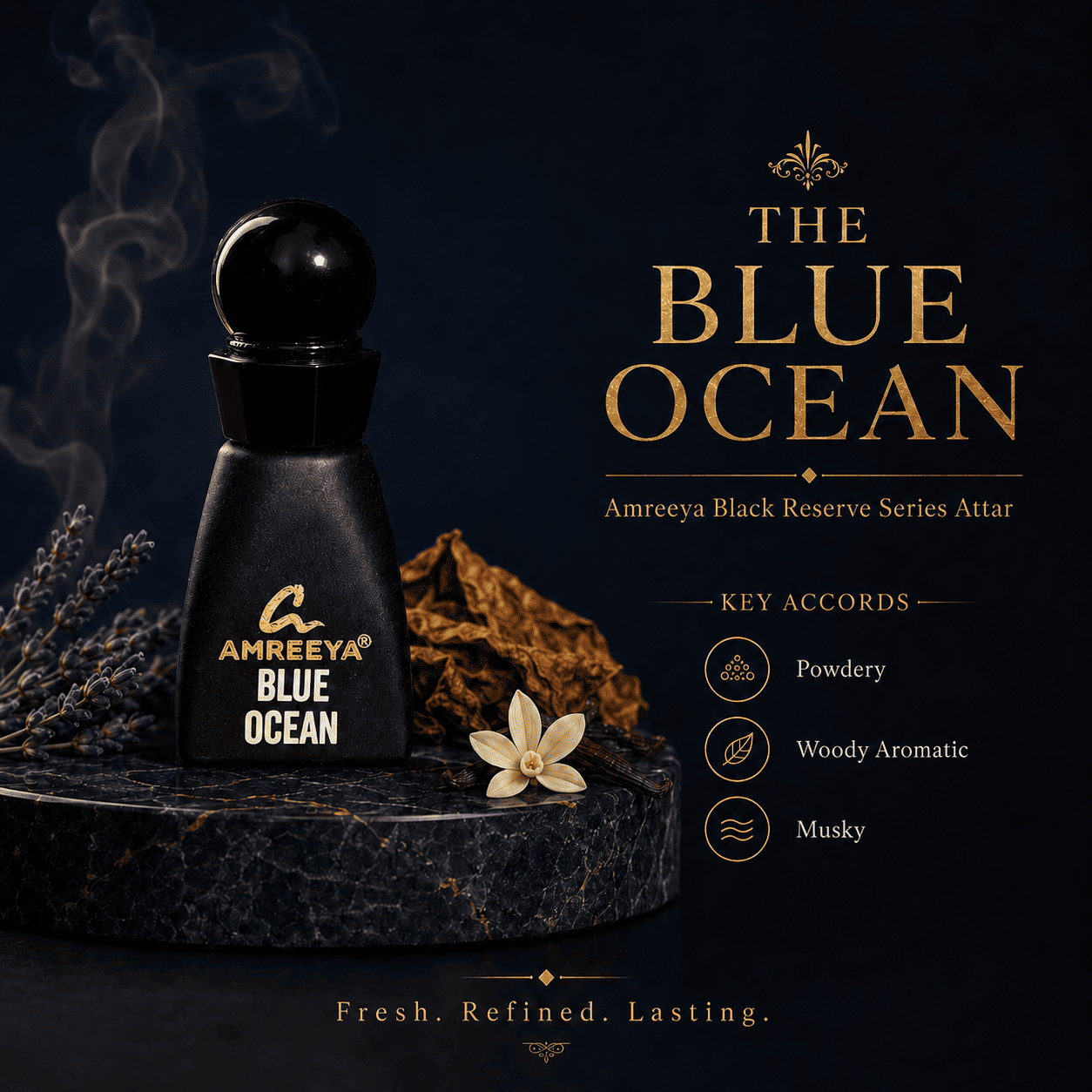 THE BLUE OCEAN Amreeya Black Reserve Series Attar 12ml – Premium Luxury Attar | Best Attar in India | Long Lasting Dubai Inspired Attar