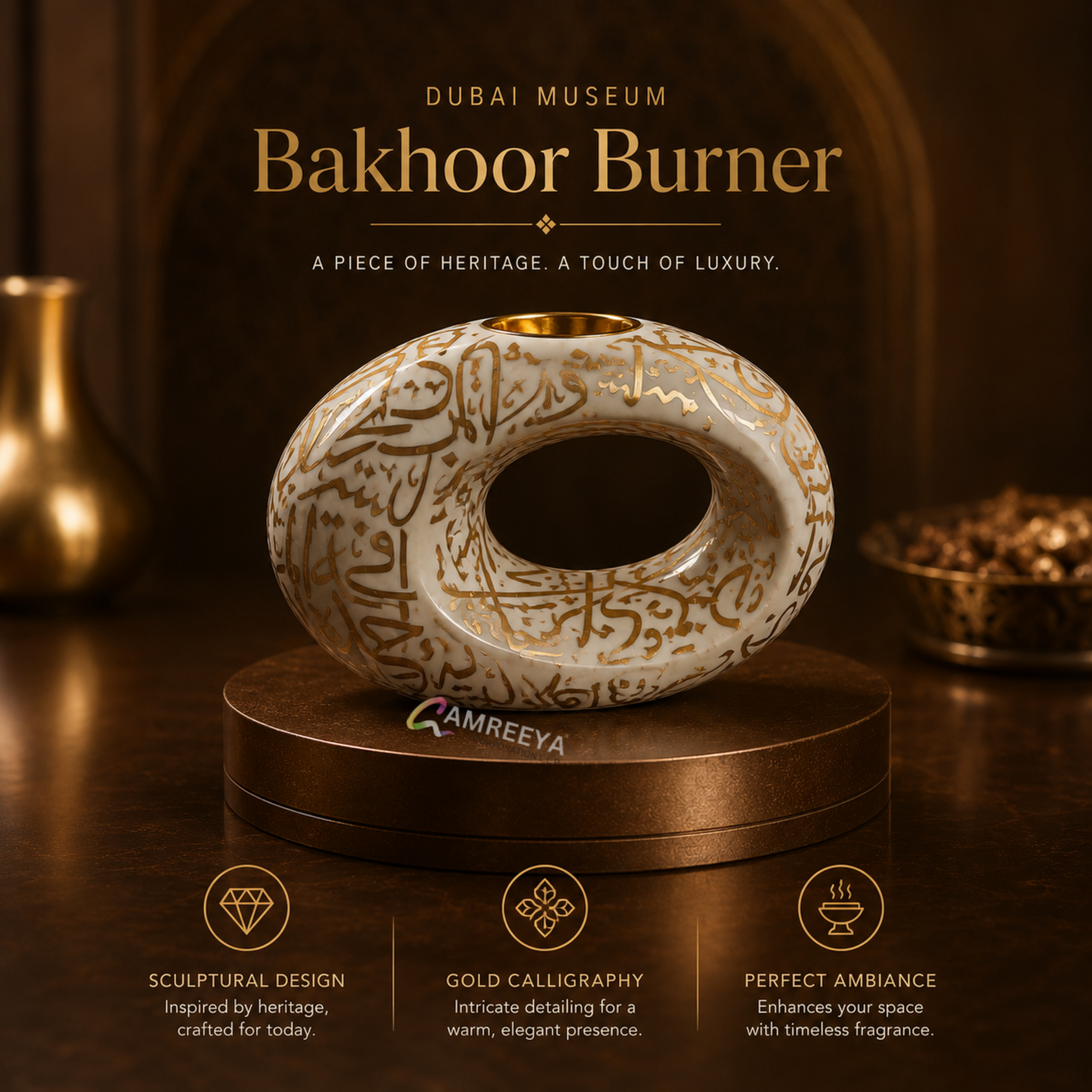Imported White Dubai Museum Bakhoor Burner – Premium Ceramic Arabic Incense Burner with Gold Calligraphy | Luxury Oud Burner | Imported Bakhoor Burner for Home, Office & Gifting