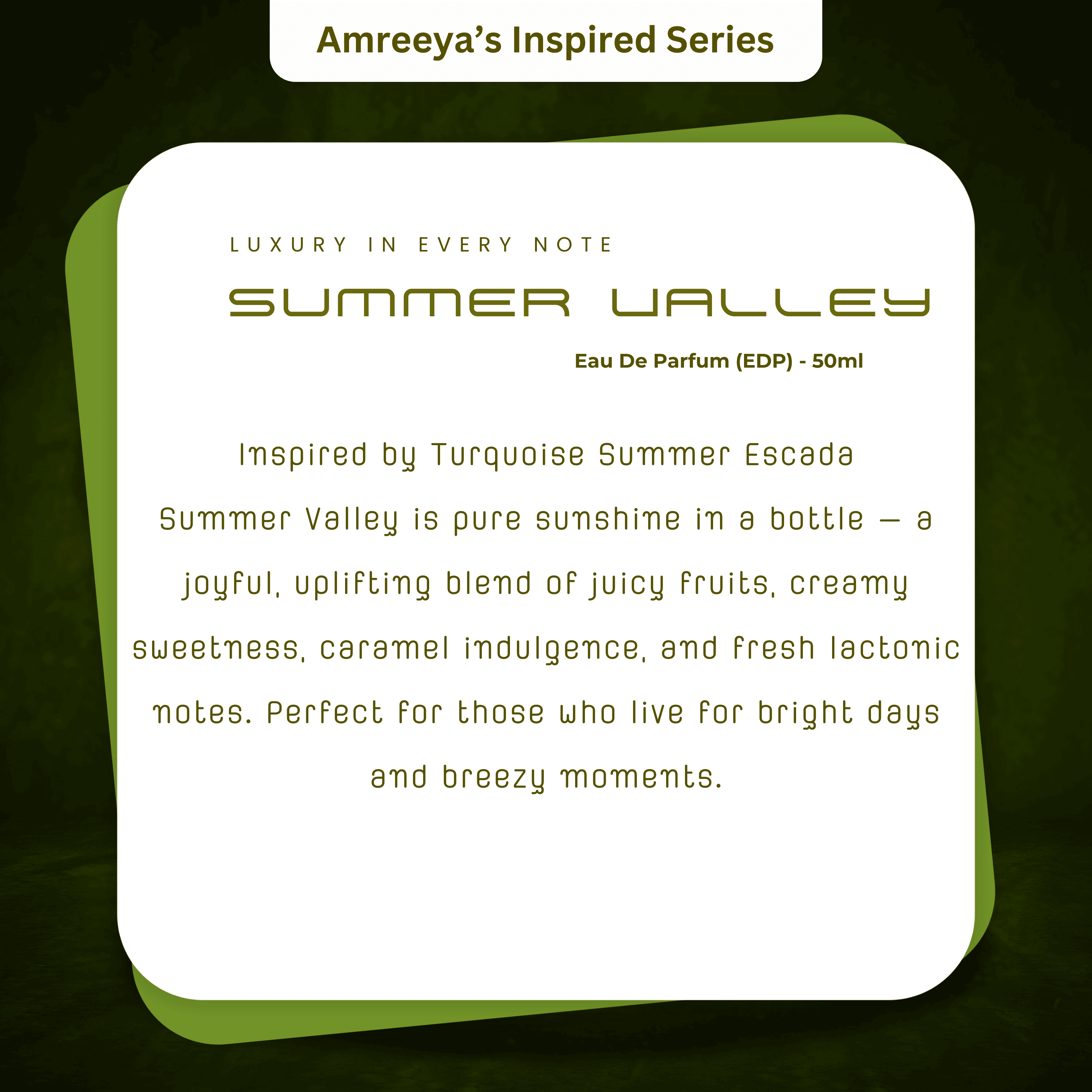 Amreeya Summer Valley – Fruity Sweet Luxury Perfume | Inspired by Escada Turquoise Summer | Long-Lasting Unisex Fragrance - 50ml