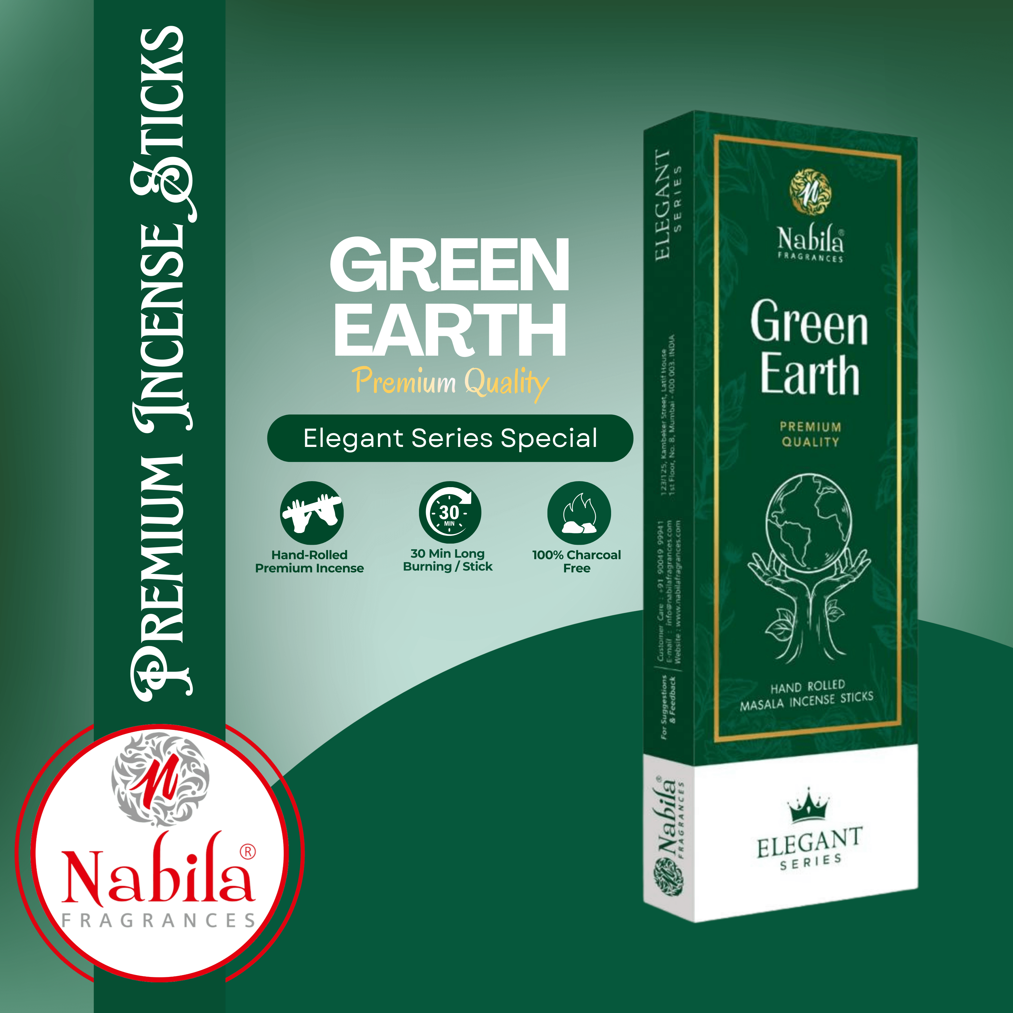 Nabila Green Earth – Premium Hand Rolled Incense Sticks for Pure, Natural & Refreshing Aroma- 50G