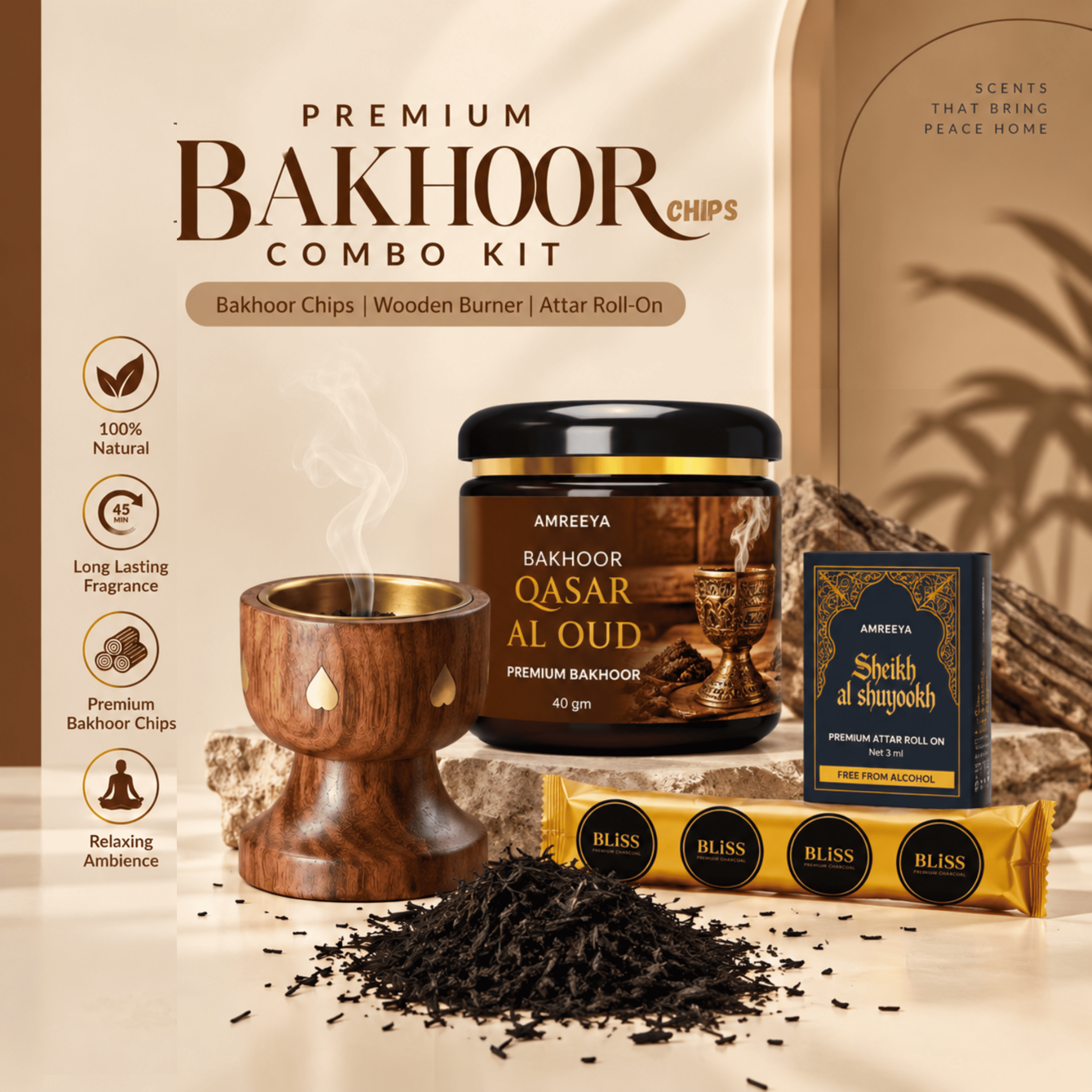 Amreeya Premium Bakhoor Chips Combo Kit  Choose Your Favourite Bakhoor | Wooden Burner, Attar Roll-On & Charcoal