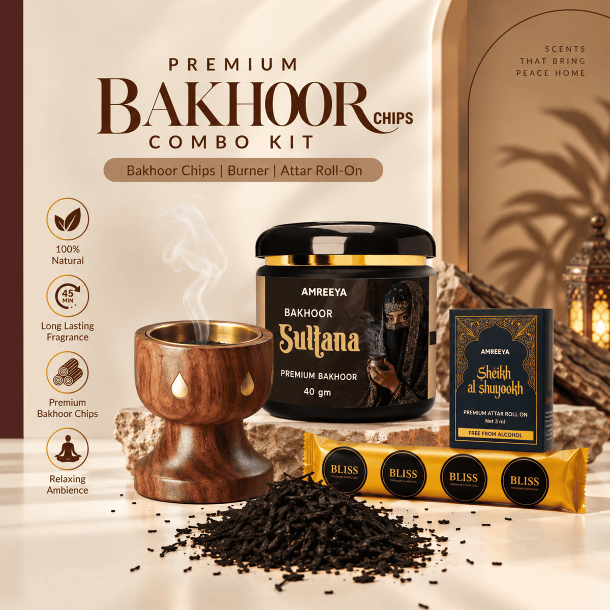 Amreeya Premium Bakhoor Chips Combo Kit  Choose Your Favourite Bakhoor | Wooden Burner, Attar Roll-On & Charcoal