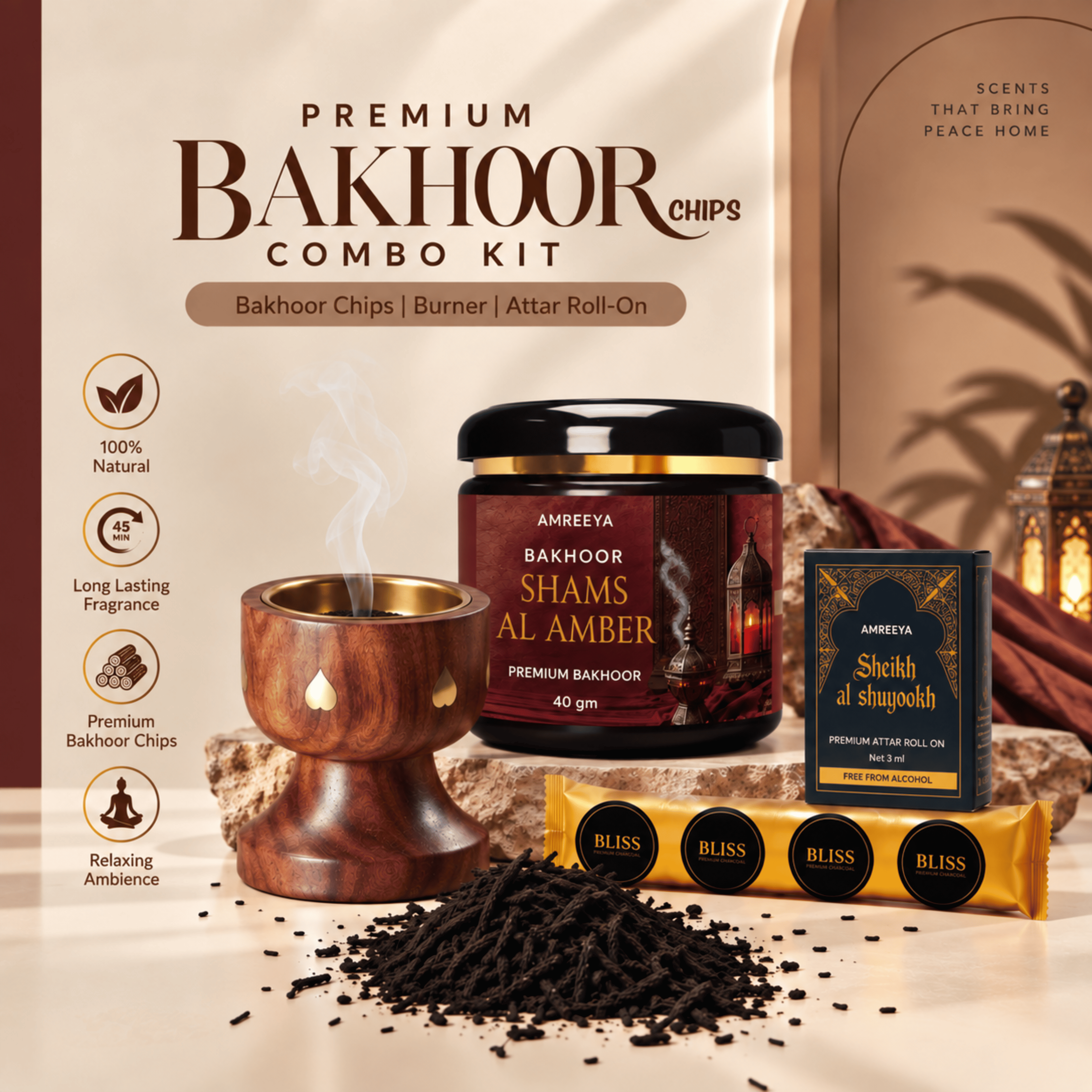Amreeya Premium Bakhoor Chips Combo Kit  Choose Your Favourite Bakhoor | Wooden Burner, Attar Roll-On & Charcoal
