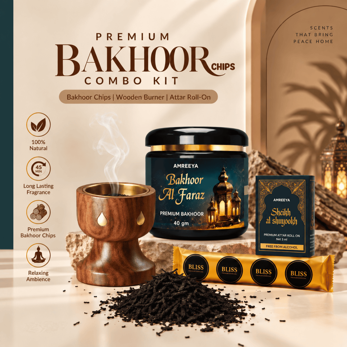 Amreeya Premium Bakhoor Chips Combo Kit  Choose Your Favourite Bakhoor | Wooden Burner, Attar Roll-On & Charcoal