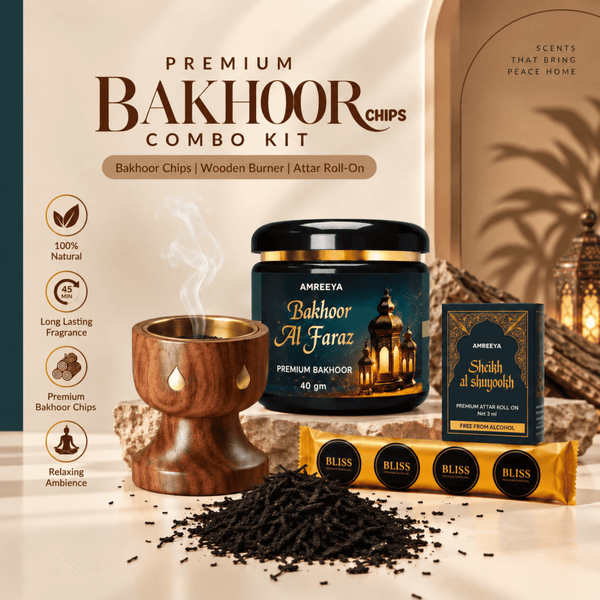 Amreeya Premium Bakhoor Chips Combo Kit  Choose Your Favourite Bakhoor | Wooden Burner, Attar Roll-On & Charcoal