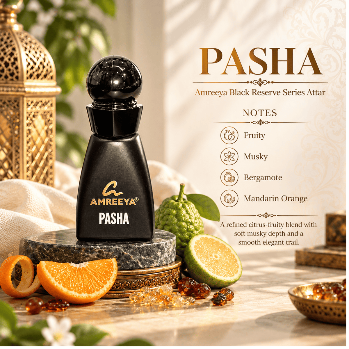 PASHA Amreeya Black Reserve Series Attar 12ml – Premium Luxury Attar | Best Attar in India | Long Lasting Citrus Musky Attar