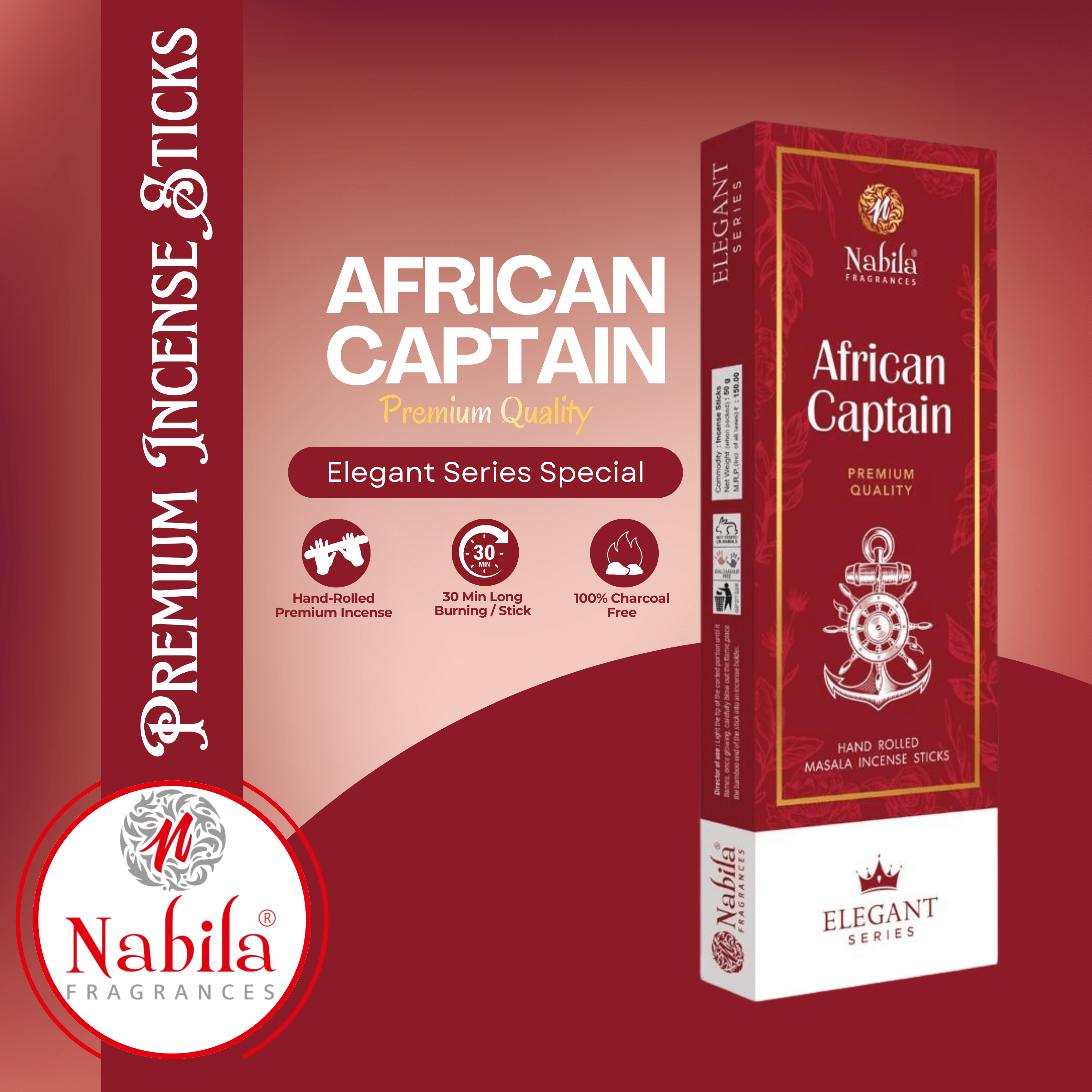 Nabila African Captain – Premium Hand Rolled Incense Sticks with Bold & Energetic Aromatic Notes -50G