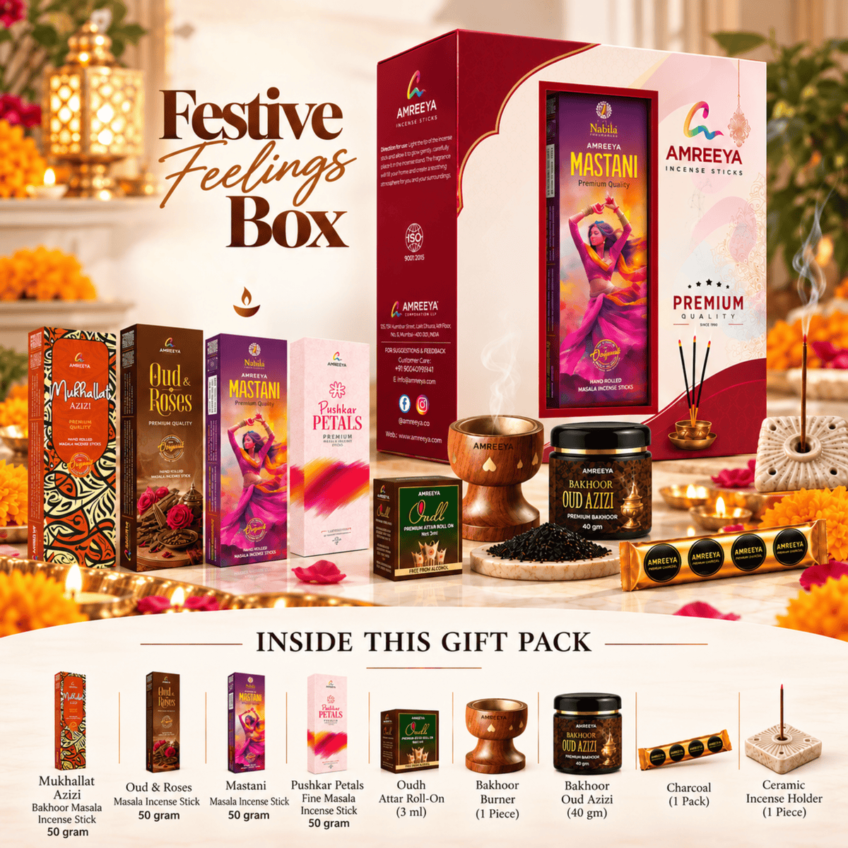 Amreeya The Festive Feelings Box Premium Bakhoor | Masala Incense Sticks Attar Roll-On & Complete Fragrance Gift Set