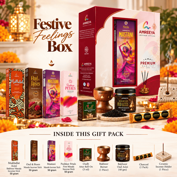 Amreeya The Festive Feelings Box Premium Bakhoor | Masala Incense Sticks Attar Roll-On & Complete Fragrance Gift Set