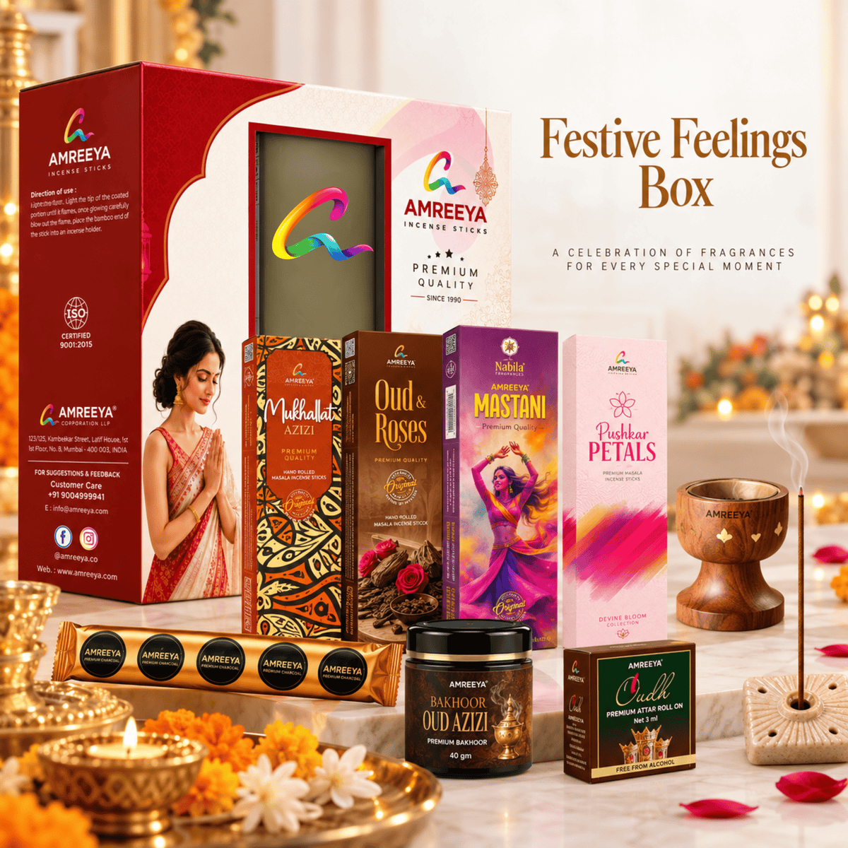 Amreeya The Festive Feelings Box Premium Bakhoor | Masala Incense Sticks Attar Roll-On & Complete Fragrance Gift Set