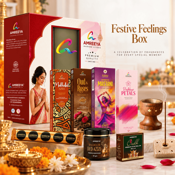 Amreeya The Festive Feelings Box Premium Bakhoor | Masala Incense Sticks Attar Roll-On & Complete Fragrance Gift Set