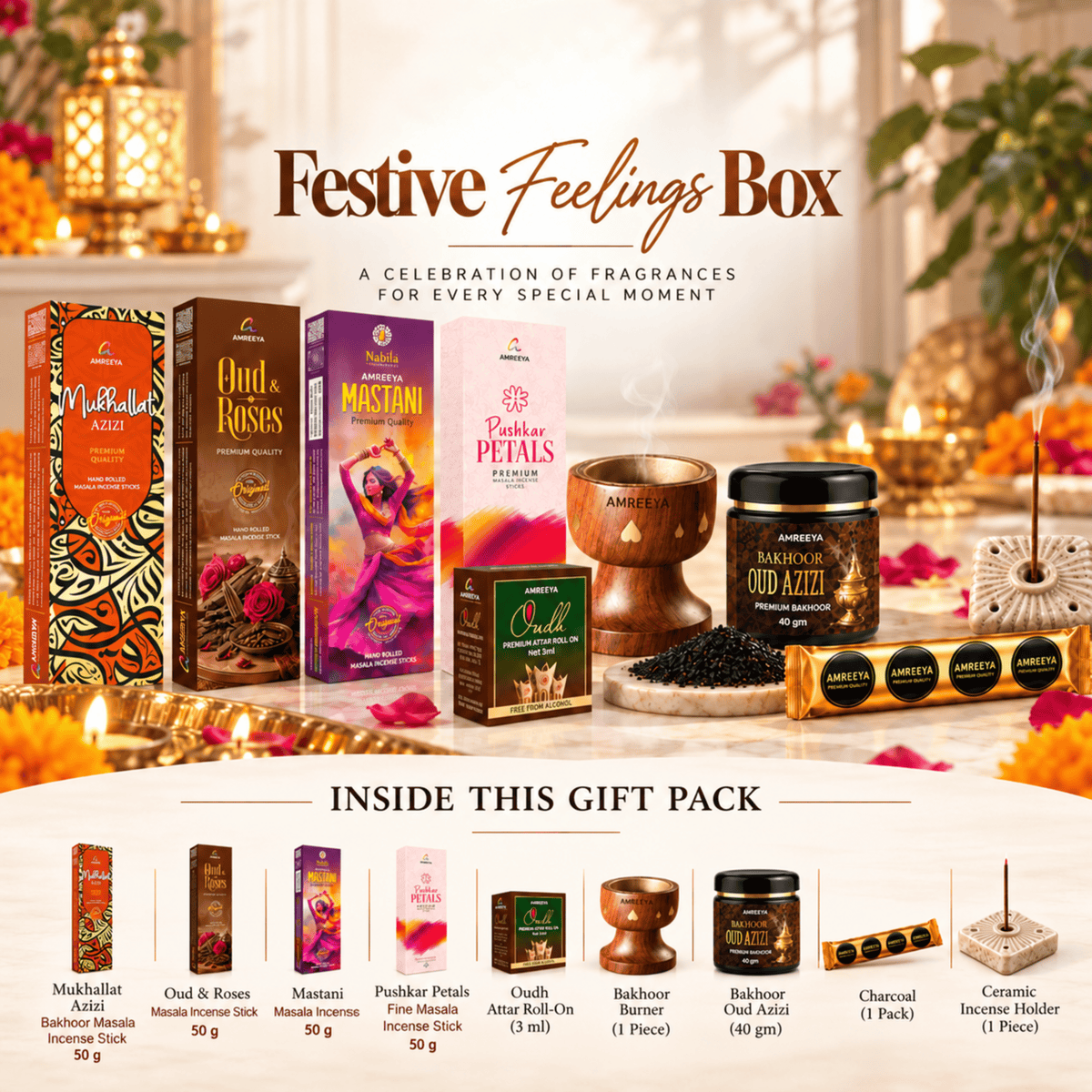 Amreeya The Festive Feelings Box Premium Bakhoor | Masala Incense Sticks Attar Roll-On & Complete Fragrance Gift Set