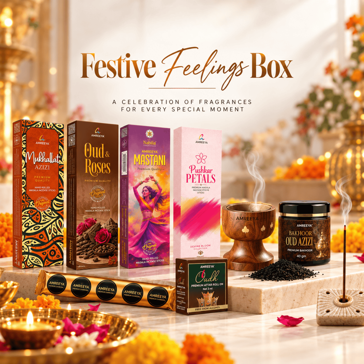 Amreeya The Festive Feelings Box Premium Bakhoor | Masala Incense Sticks Attar Roll-On & Complete Fragrance Gift Set