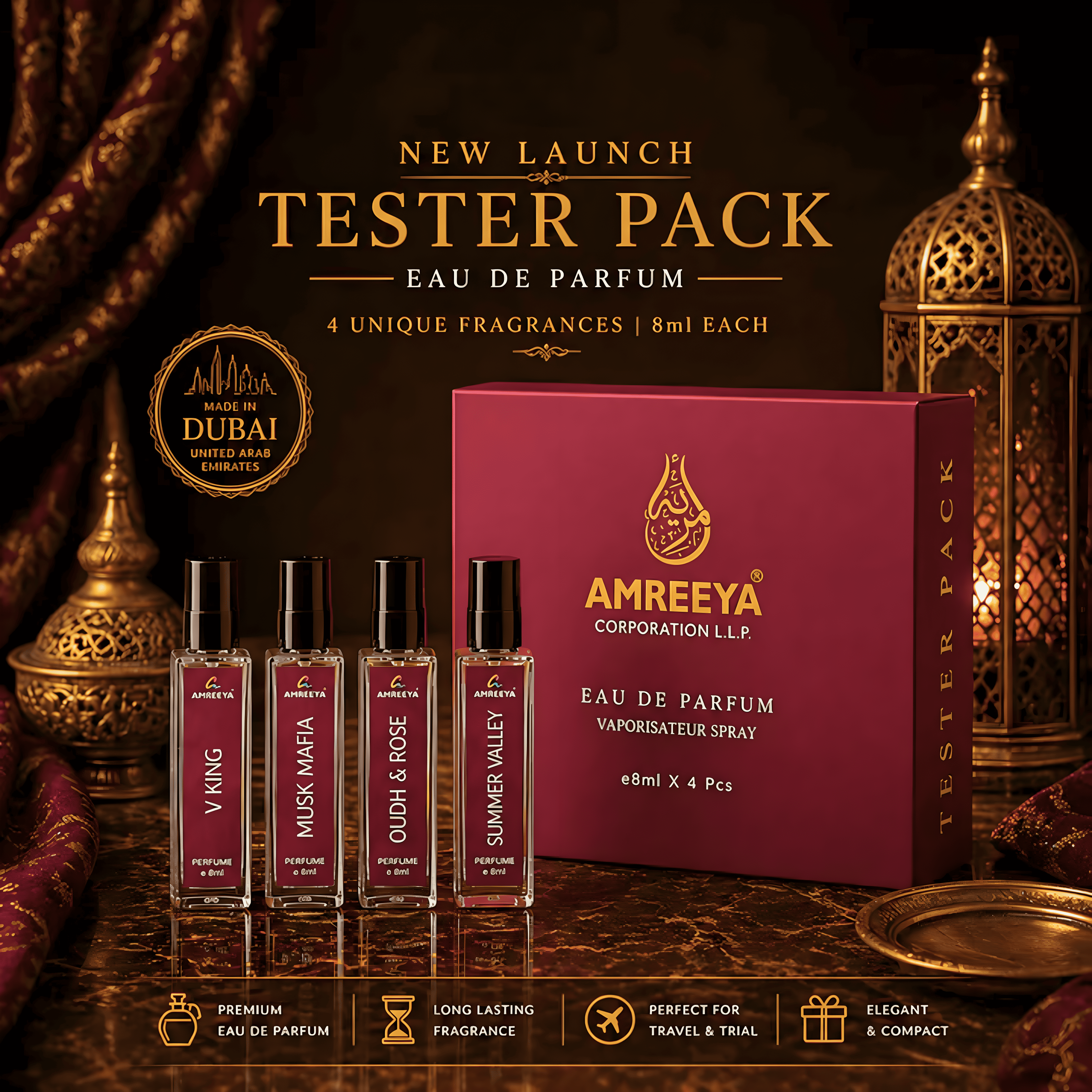 AMREEYA Dubai Made Eau De Parfum Tester Pack – 4 Premium Fragrances | 8ml Each Luxury Perfume Set