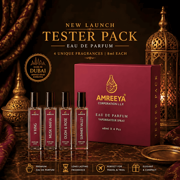 AMREEYA Dubai Made Eau De Parfum Tester Pack – 4 Premium Fragrances | 8ml Each Luxury Perfume Set