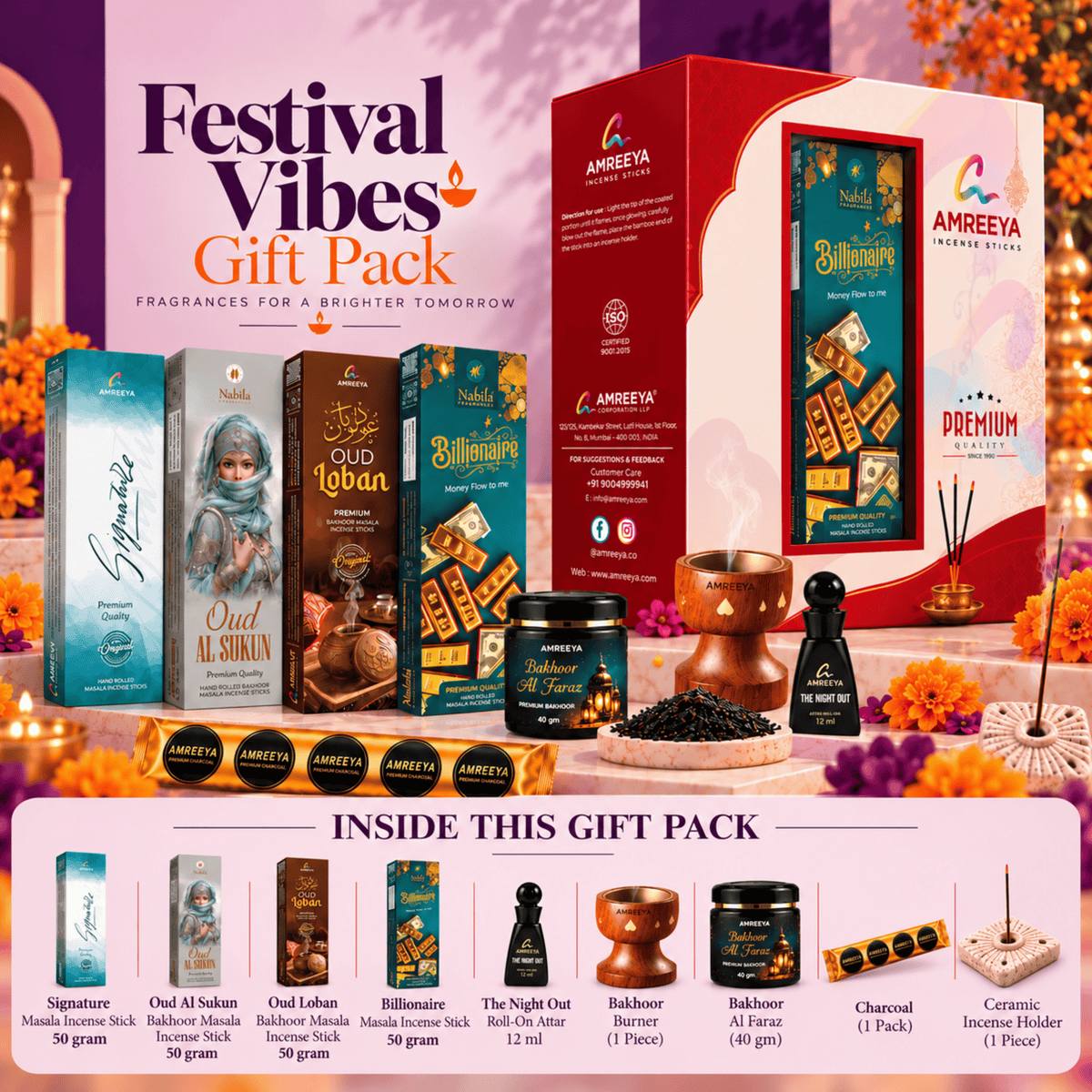 Amreeya Festive Vibes Gift Pack  Premium Incense Sticks | Bakhoor | Attar Roll-On & Fragrance Gift Set