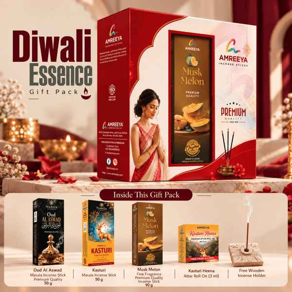 Amreeya Diwali Essence Gift Pack Premium Incense Sticks | Kasturi Heena Attar Roll-On & Free Wooden Incense Holder