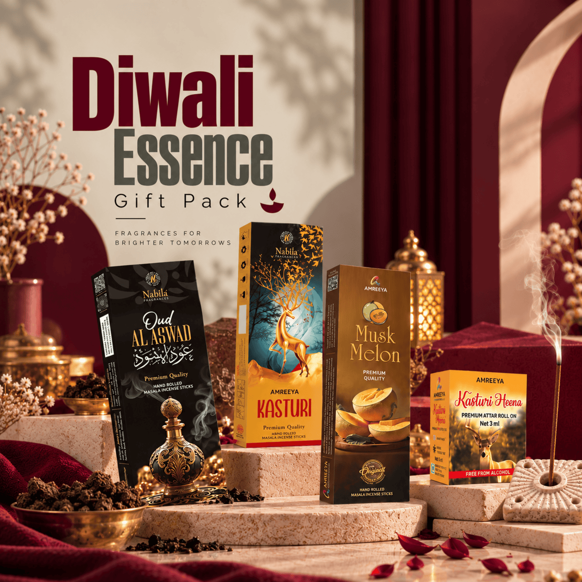Amreeya Diwali Essence Gift Pack Premium Incense Sticks | Kasturi Heena Attar Roll-On & Free Wooden Incense Holder