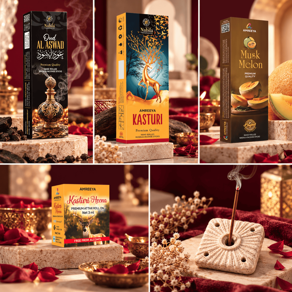 Amreeya Diwali Essence Gift Pack Premium Incense Sticks | Kasturi Heena Attar Roll-On & Free Wooden Incense Holder