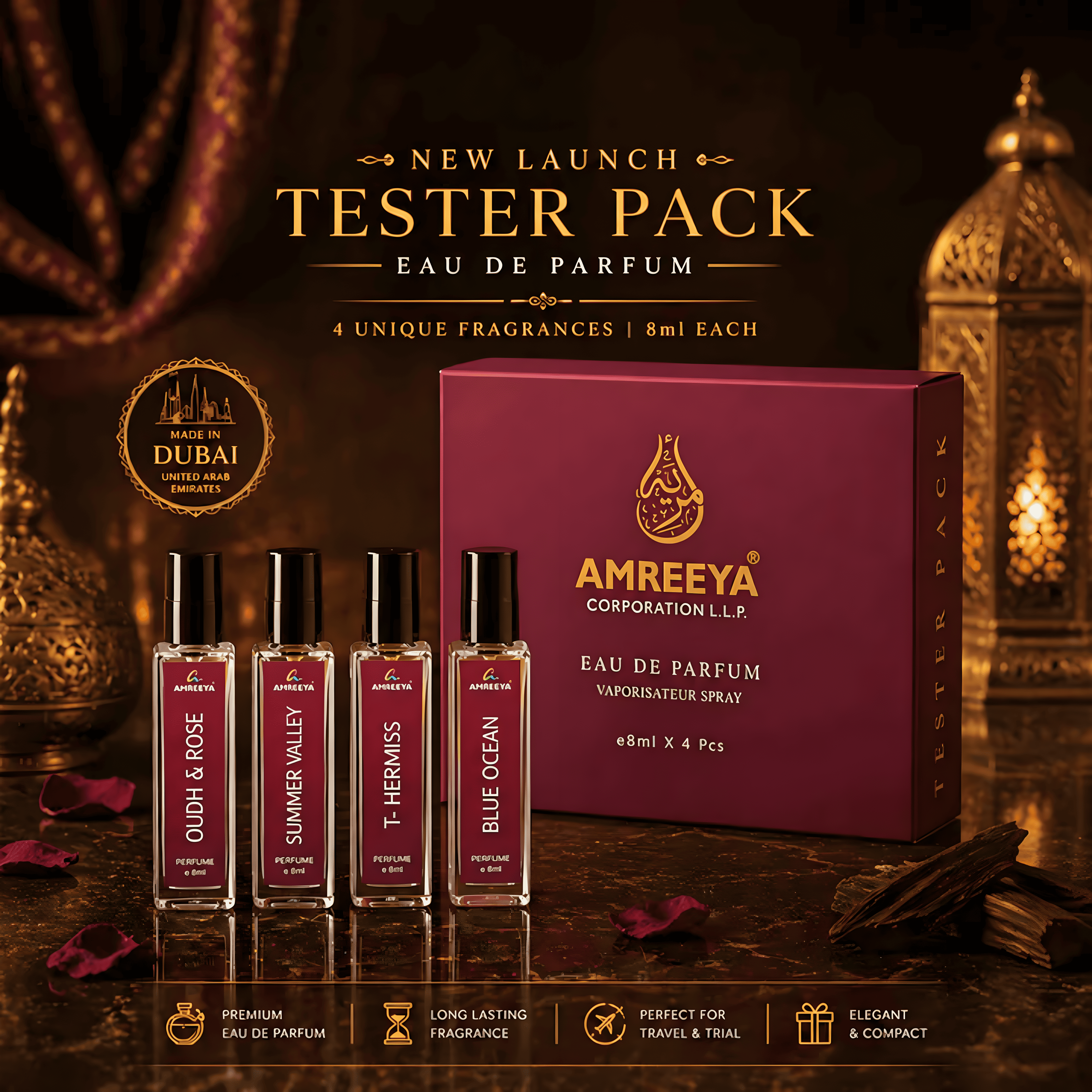 Amreeya Dubai Made Perfume Tester Pack –  Luxury Eau De Parfum Set for Men & Women Long Lasting Fragrance - 4x8ml
