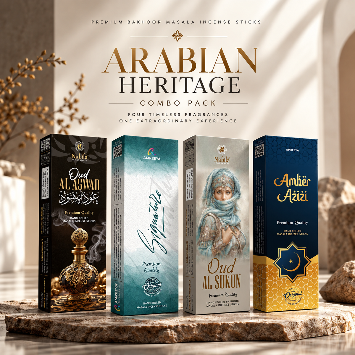 Amreeya Arabian Heritage Combo Pack of 4 – Premium Hand Rolled Masala Incense Sticks | Oud Al Aswad, Signature, Oud Al Sukun & Amber Azizi - 50 Grm Each Box