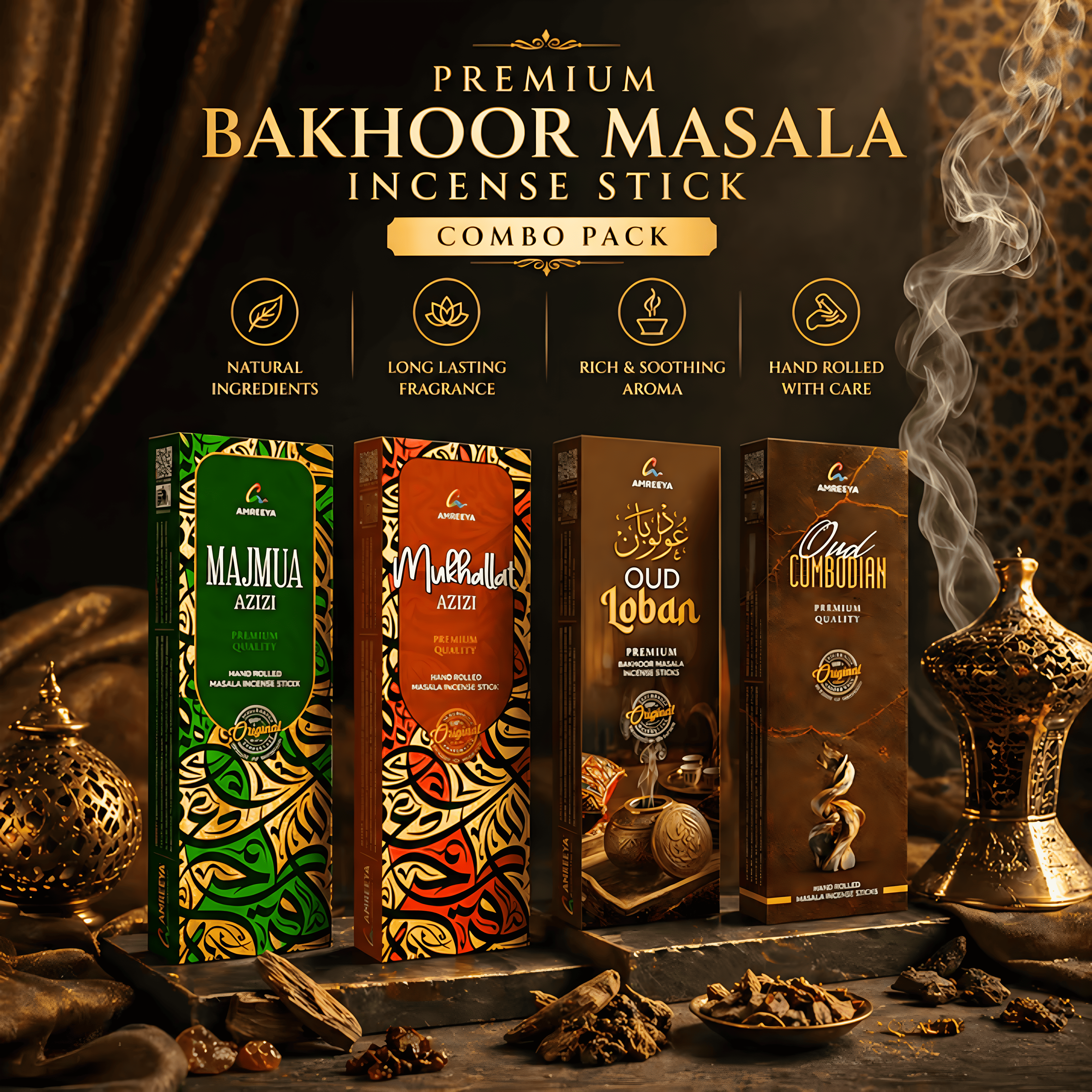 Amreeya Premium Bakhoor Masala Incense Sticks Combo Pack – Long Lasting Natural Charcoal Free Agarbatti (Pack of 4)
