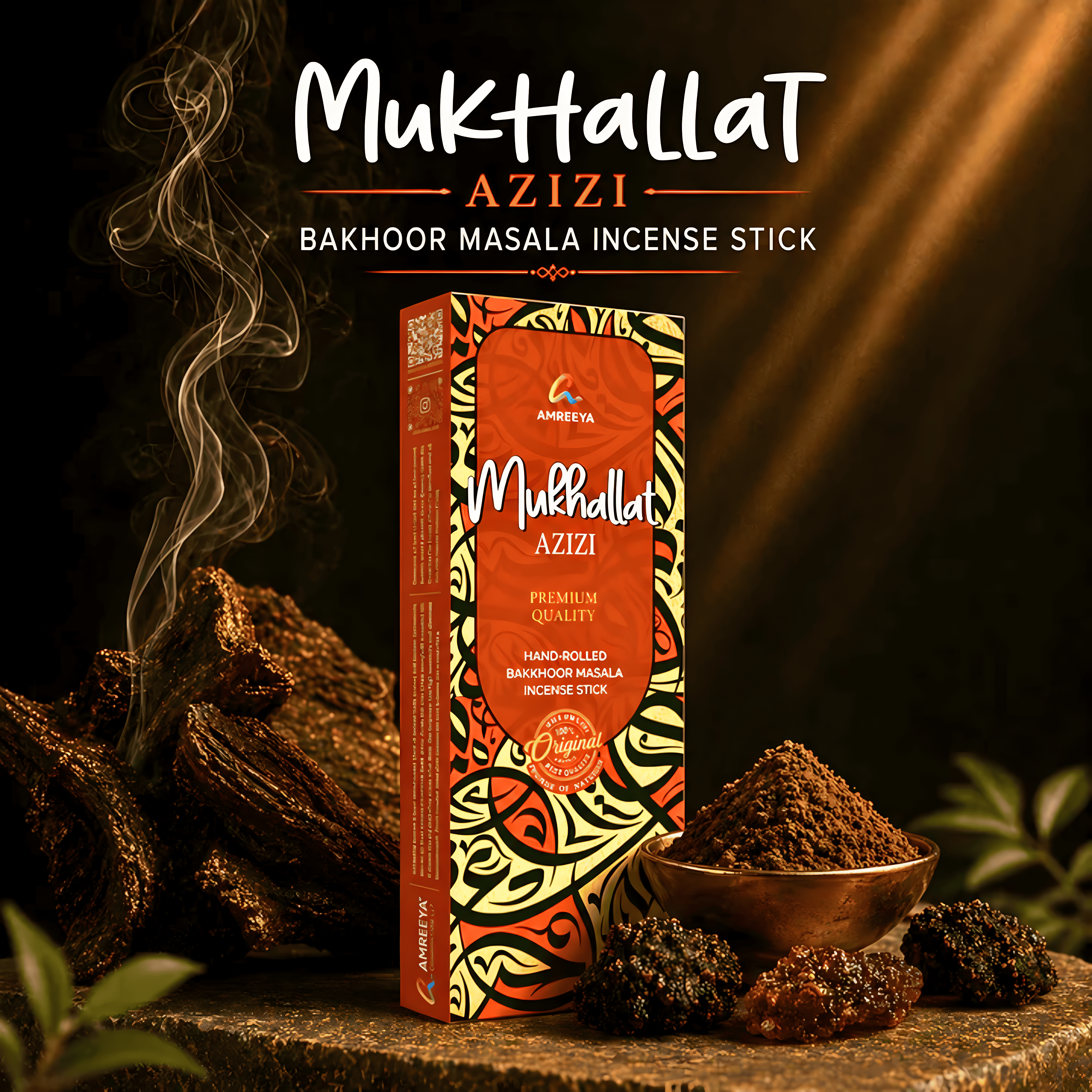 Mukhallat Azizi Bakhoor Masala Incense Sticks – Premium Hand Rolled Natural Charcoal Free Agarbatti - 50Grm
