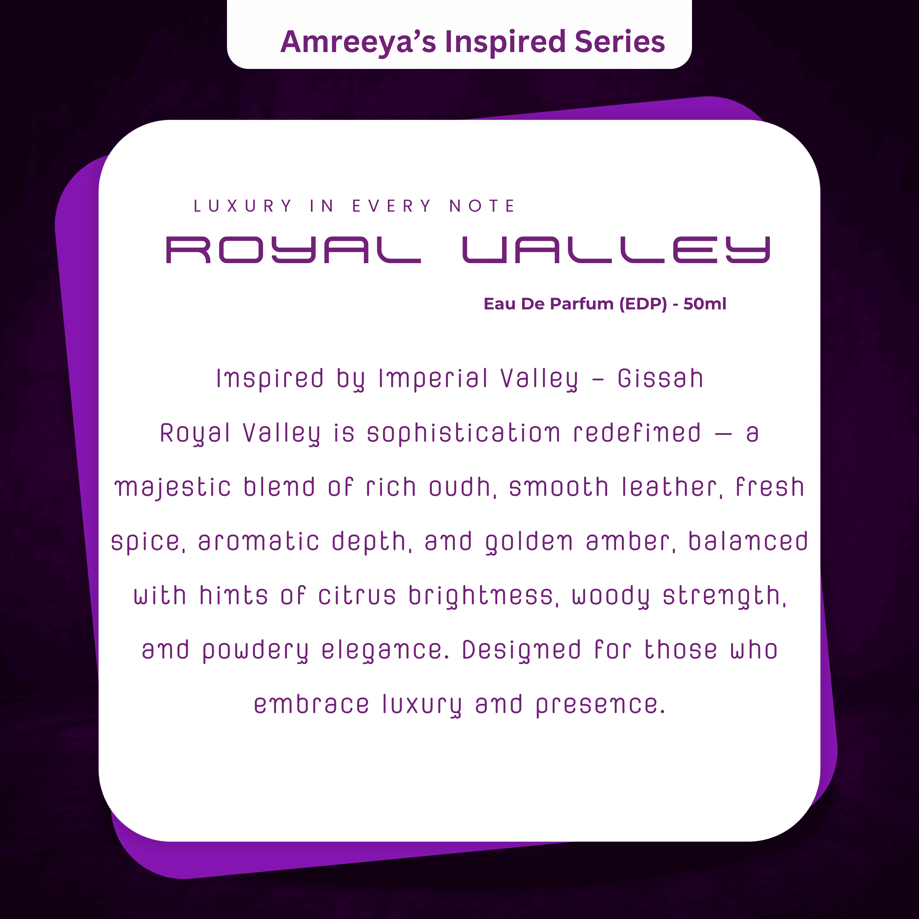 Amreeya Royal Valley – Luxury Oudh & Leather Perfume Inspired by Imperial Valley GISSA  - 50ml