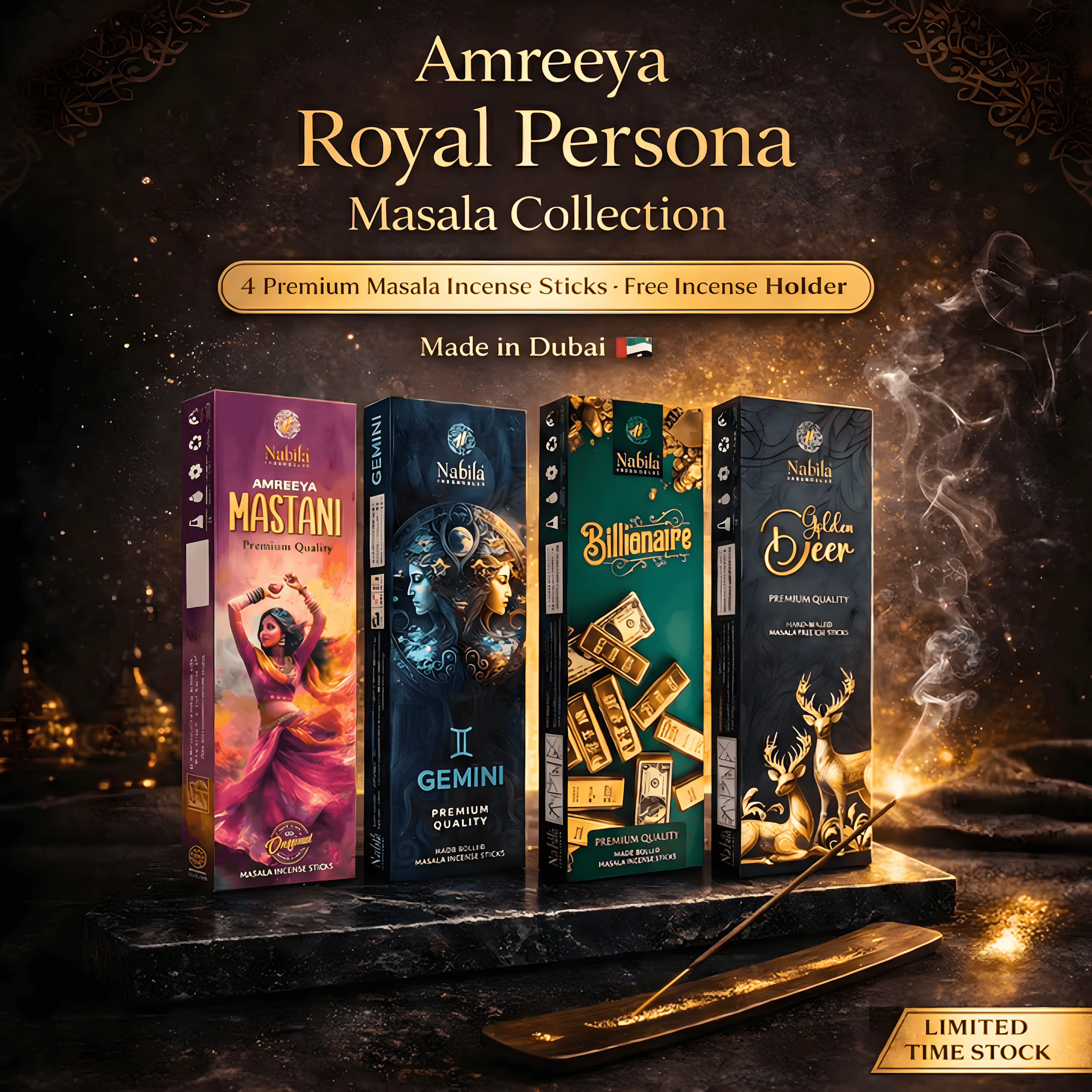 AMREEYA Royal Persona Masala Incense Sticks Premium Hand Rolled Luxury Fragrance Combo - 50 Grm/Pack - Pack of 4 + free stand
