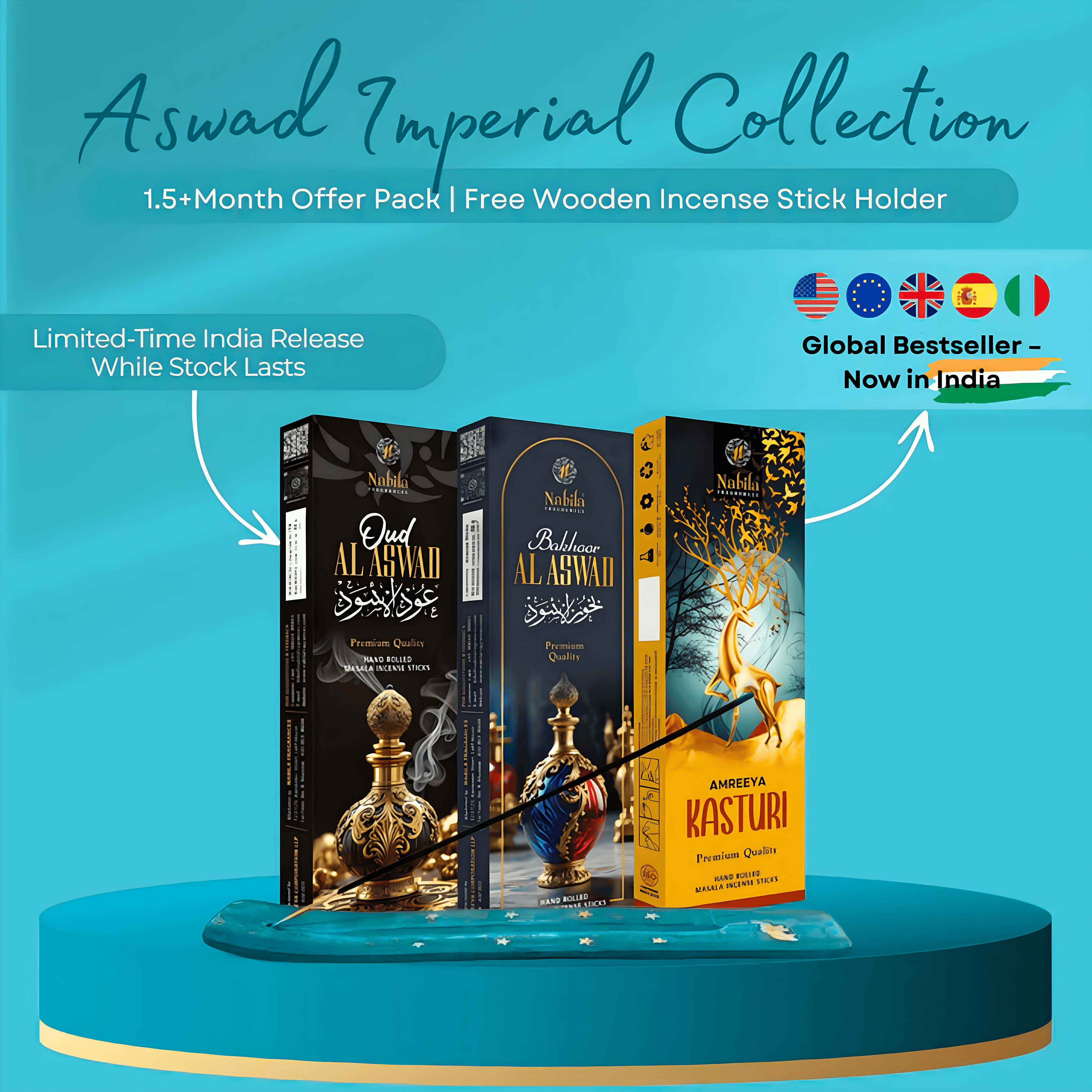 Nabila’s Aswad Imperial Collection - Luxury Oudh, Bakhoor Al Aswad, Kasturi Masala Incense | Combo Pack of 3 + Free Wooden Sticks Holder