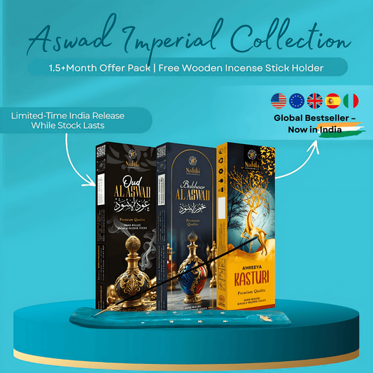Nabila’s Aswad Imperial Collection - Luxury Oudh, Bakhoor Al Aswad, Kasturi Masala Incense | Combo Pack of 3 + Free Wooden Sticks Holder