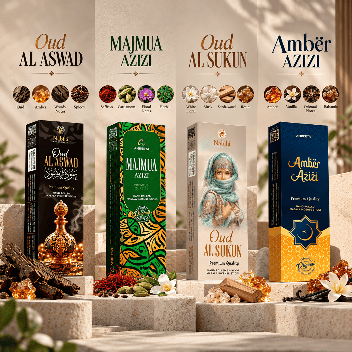 AMREEYA Zaria Fragrance Collection – Premium Masala Incense Sticks Combo Pack of 4