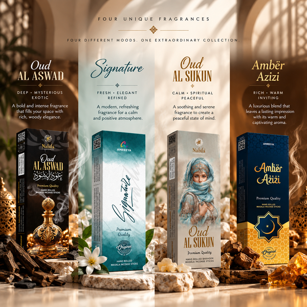 Amreeya Arabian Heritage Combo Pack of 4 – Premium Hand Rolled Masala Incense Sticks | Oud Al Aswad, Signature, Oud Al Sukun & Amber Azizi - 50 Grm Each Box
